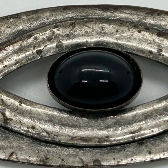 Vintage Eye-Shaped Silver-Tone Brooch With Black acrylic "Evil Eye" Cabochon For - Picture 3 of 16